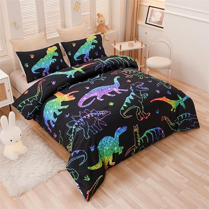 Meeting Story Dinosaur Comforter Set,Gradation Fluorescence Dinosaur Full Comforter Set, 3 PCS 1 Comforter and 2 Pillowcases in One Bag, All Season Bedspread for Kids Teens Adults（Full）