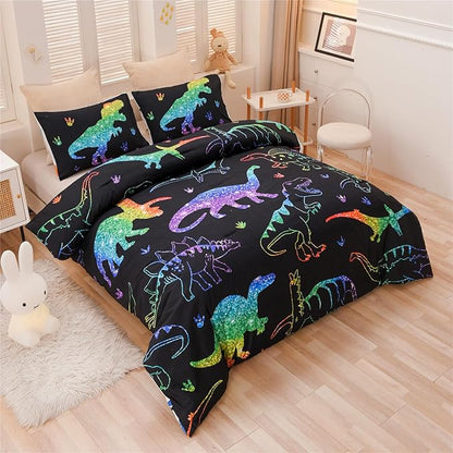 Meeting Story Dinosaur Comforter Set,Gradation Fluorescence Dinosaur Full Comforter Set, 3 PCS 1 Comforter and 2 Pillowcases in One Bag, All Season Bedspread for Kids Teens Adults（Full）