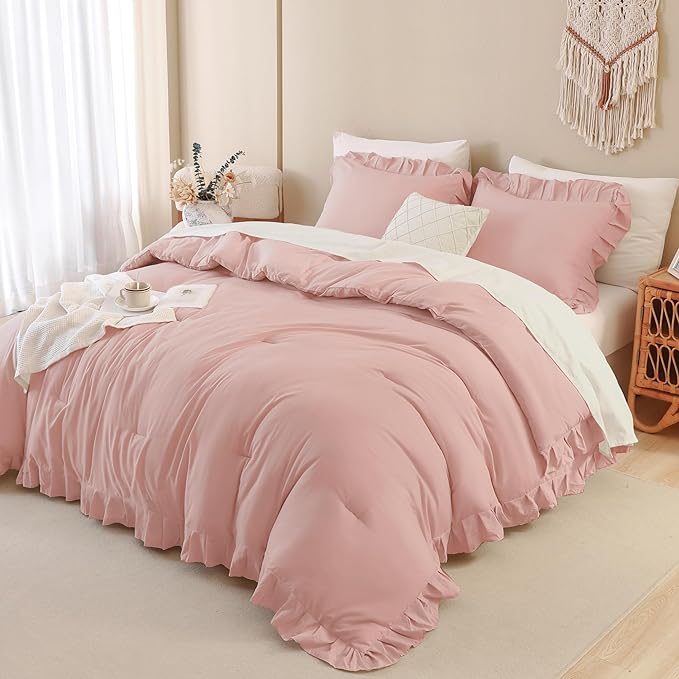 Andency Blush Pink Ruffle Comforter Queen, 3 Pieces Rustic Farmhouse Shabby Chic Comforter, All Season Soft Microfiber Down Alternative Bedding Comforter Set