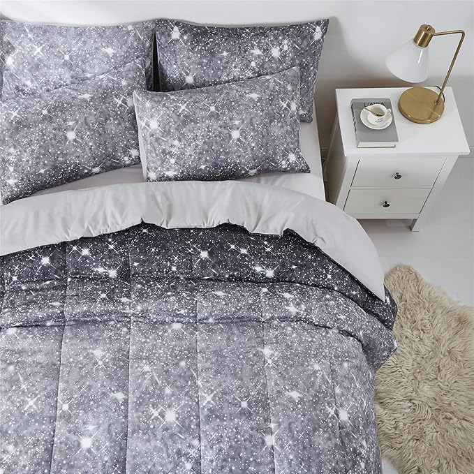 Grey Glitter Comforter Set Twin Size for Boys Teen, Sparkle Galaxy Twinkle Starlight Comforter for Kids Adult, 2 Piece Black Grey Ombre Bedding Set with 1 Pillow Case(Grey,Twin)