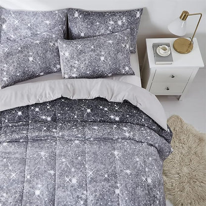 Grey Glitter Comforter Set Twin Size for Boys Teen, Sparkle Galaxy Twinkle Starlight Comforter for Kids Adult, 2 Piece Black Grey Ombre Bedding Set with 1 Pillow Case(Grey,Twin)