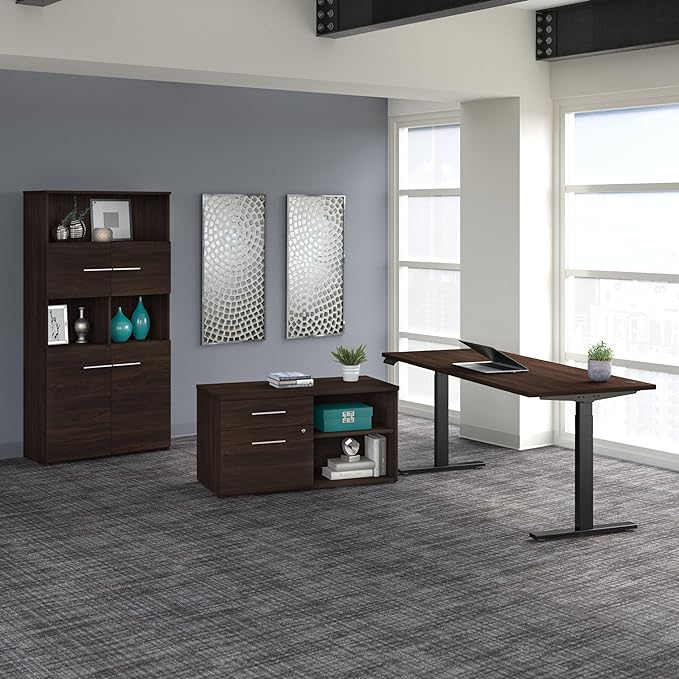 Bush Business Furniture Office 500 Height Adjustable Standing Desk with Storage and Bookcase, 72W, Black Walnut
