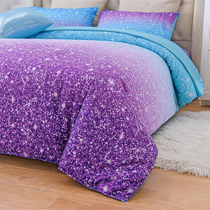A Nice Night Girls Comforter Set Full Size 6 Piece Bed in A Bag 3D Colorful Sparkle Galaxy Rainbow Bedding Comforter Sheet Sets for Kids,BluePurple