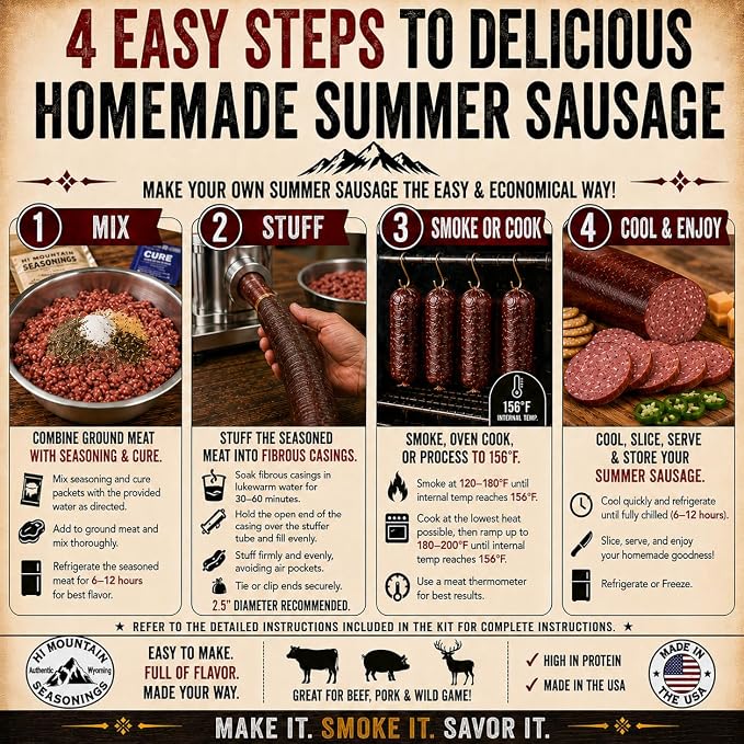 Hi Mountain VARIETY PACK Summer Sausage Kit | JALAPENO, CRACKED PEPPER & GARLIC & HUNTER'S BLEND. Seasoning, cure & 15 casings. Beef, venison, deer, elk. Up to 45 lbs