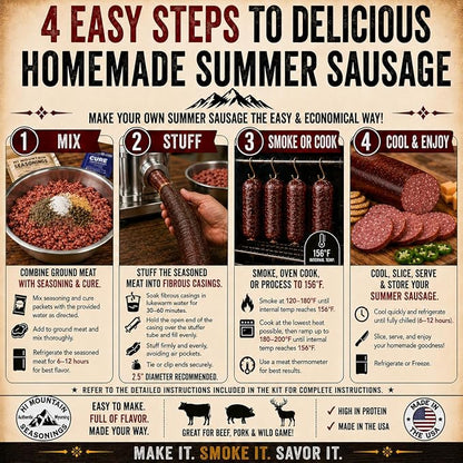 Hi Mountain VARIETY PACK Summer Sausage Kit | JALAPENO, CRACKED PEPPER & GARLIC & HUNTER'S BLEND. Seasoning, cure & 15 casings. Beef, venison, deer, elk. Up to 45 lbs