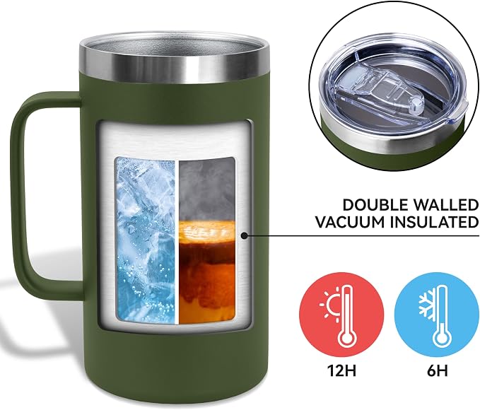 DOMICARE 24oz Mug with Handle and Lid, Stainless Steel Coffee Mug, Travel Mug with Handle, Double Wall Vacuum Coffee Tumbler, Reusable Insulated Cup, Army Green, Pack 8