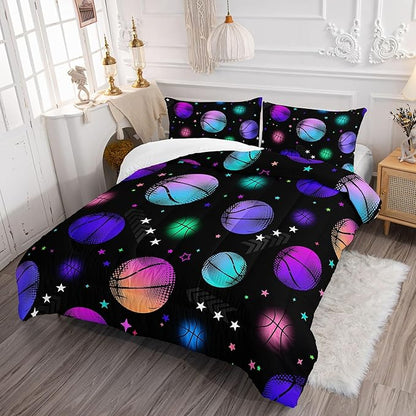 Datura home Kids Comforter Set Glowing Basketball Printed Pattern Bedding Set with 1 Comforter and 2 Pillowcases for Girls Boys Bedroom All Season(Basketball1 Twin)