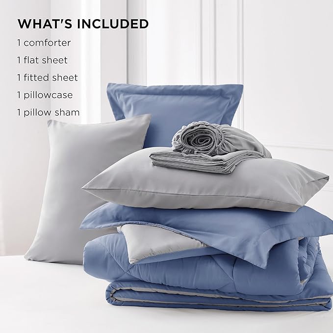 Bedsure Infinity Blue Twin Comforter Set - 5 Pieces Reversible Twin Bed in a Bag, Extra Long Twin Bed Set Infinity Blue and Grey with Comforters, Sheets, Pillowcase & Sham