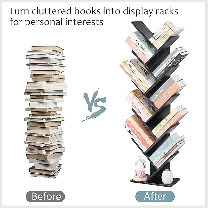 Hoctieon 10 Tier Tree Bookshelf, 10 Shelf Bookcase, Free Standing Tree Bookcase, Display Floor Standing Shelf for Books, Book Organizer Shelves for Home Office, Living Room, Bedroom, Black