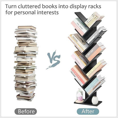 Hoctieon 10 Tier Tree Bookshelf, 10 Shelf Bookcase, Free Standing Tree Bookcase, Display Floor Standing Shelf for Books, Book Organizer Shelves for Home Office, Living Room, Bedroom, Black
