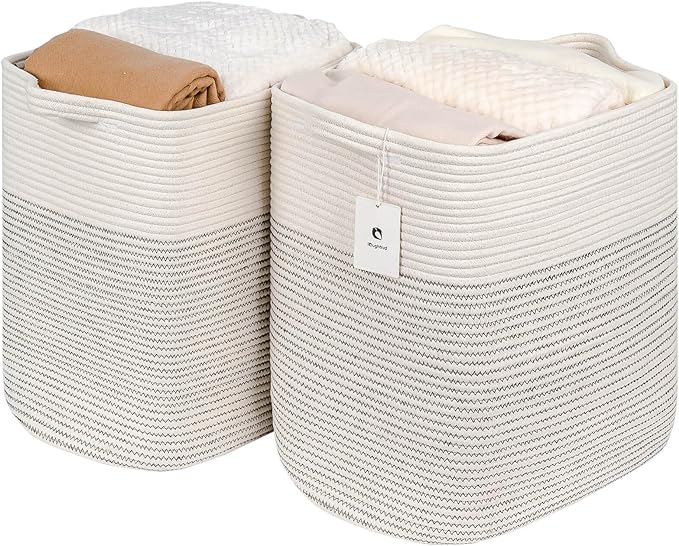 Extra Blanket,Storage Baskets for Clothes Fabric Cotton Rope Storage Basket with Handles, Decorative Woven Basket for Living Room,Laundry Basket Closet Organizer Blankets, and Toys 2bags