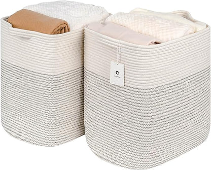 Extra Blanket,Storage Baskets for Clothes Fabric Cotton Rope Storage Basket with Handles, Decorative Woven Basket for Living Room,Laundry Basket Closet Organizer Blankets, and Toys 2bags