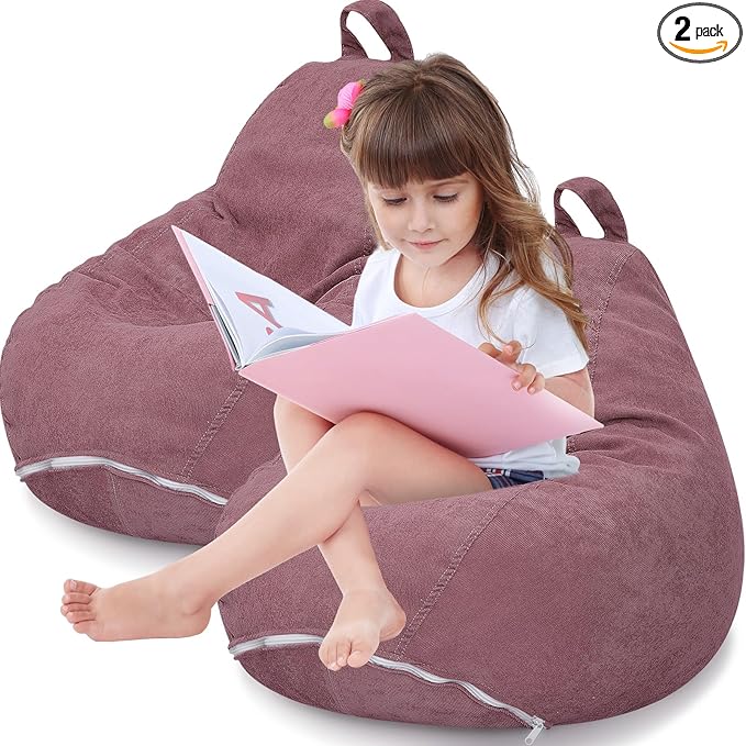 2 Pcs 100L Stuffed Animal Storage Bean Bag Chair Cover (No Filler) for Kids Soft Corduroy Stuffable Bean Bag Zipper for Organizing Children Plush Toys(Dusty Pink)
