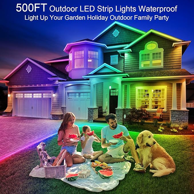500ft Outdoor LED Strip Lights Waterproof,IP68 Outside Led Light Strips Waterproof with App and Remote,Music Sync RGB Exterior Led Rope Lights with Self Adhesive Back for Deck,Balcony,Pool