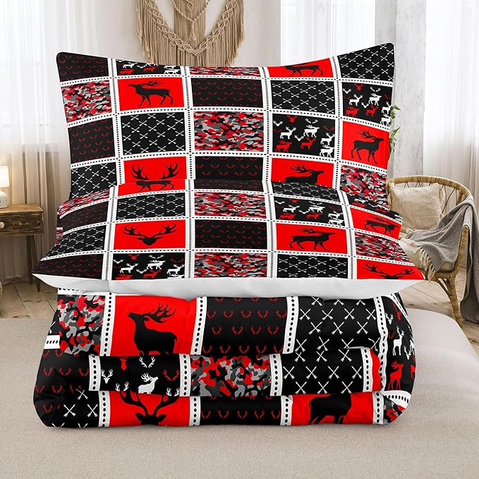 Tailor Shop Deer Comforter Sets for Kids Boys Teens Camo Comforter Sets Queen Black and Black Red Bedding Set Room Decor, with 2 Pillowcase