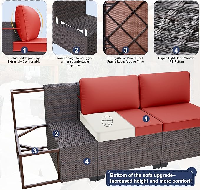 Outdoor Furniture Set 7PCS Patio Furniture for Backyard Wicker Sectional Sofa Set 6 Seats, PE Rattan Outdoor Conversation Set with Thickened Cushions and Glass Coffee Table, Red