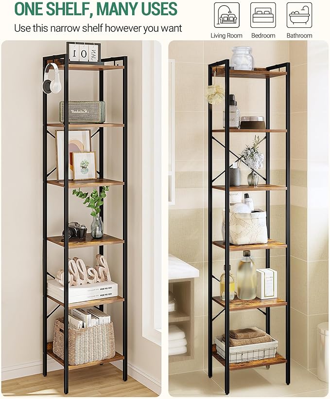 Bookshelf, Book Shelf, Industrial Bookcase with 2 Hooks, Coner Shelf Storage Organizer for Home Office, Living Room, Bedroom, Kitchen, 6-Tier Rustic Brown BC10701B