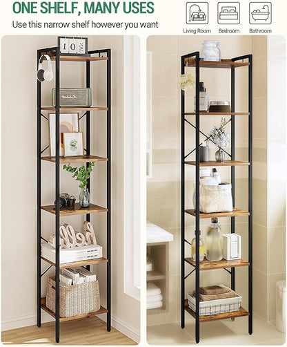 Bookshelf, Book Shelf, Industrial Bookcase with 2 Hooks, Coner Shelf Storage Organizer for Home Office, Living Room, Bedroom, Kitchen, 6-Tier Rustic Brown BC10701B