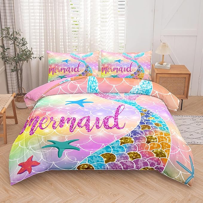 NINENINE Mermaid Tail Bedding Sets for Teens Girls,Full Size Princess Comforter Set,Rainbow Glitter Bedding Sets for Girls,Kids Fish Scales Bedding Sets with 1 Comforter 2Pillowcases