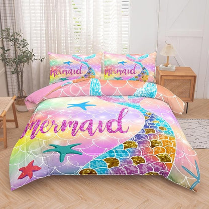 NINENINE Mermaid Comforter 5PCS Full Size Bedding Sets for Girls, Princess Comforter Sets for Girls, Glitter Bedding Set for Girls (1Comforter, 1Flat Sheet, 1Fitted Sheet, 2Pillowcases)