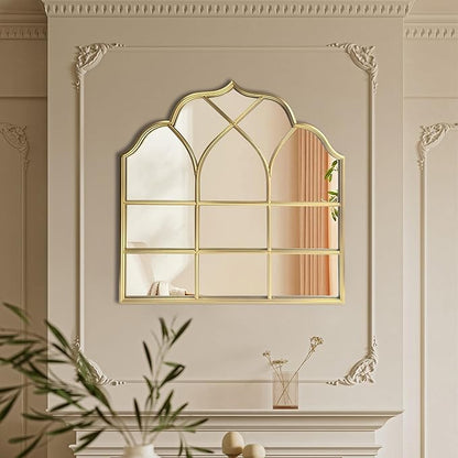Window Mirror Pane Scalloped, Wide Arched Gold Mirrors Decorative, Cathedral Arch Wall Decor with Metal Windowpane Grid for Mantle Entryway Fireplace Hallway Living Room