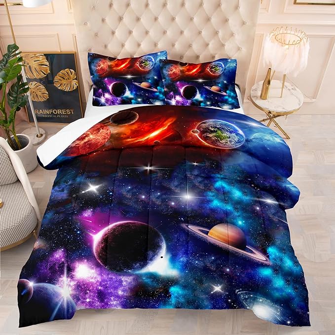 NINENINE Space Bedding Set Full Size for Girls Boys Kids,Purple Galaxy Comforter Set Outer Space Earth Planets Stars Theme Solar Galaxy Bedding System Bed Set with 1 Space Comforter 2 Pillowcases…