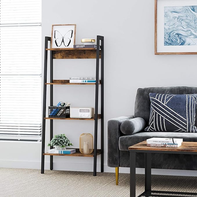 VASAGLE Bookshelf, 4-Tier Bookcase, Ladder Shelf for Home Office, Living Room, Bedroom, Kitchen, Rustic Brown and Ink Black ULLS054X01