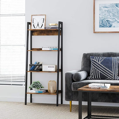 VASAGLE Bookshelf, 4-Tier Bookcase, Ladder Shelf for Home Office, Living Room, Bedroom, Kitchen, Rustic Brown and Ink Black ULLS054X01