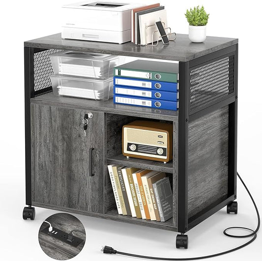 Unikito Rolling File Cabinet Lateral Office Filing Cabinets with Socket and USB Charging Port, Modern Printer Stand on Wheels Printer Cabinet with Door and Open Storage, Lockable, Black Oak
