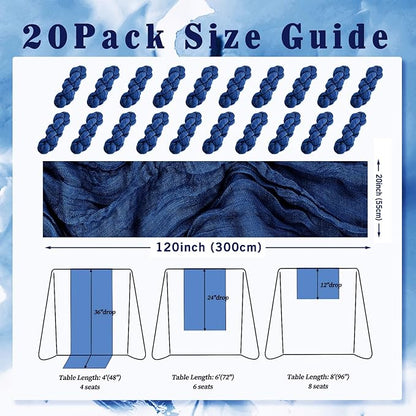 10FT 20 Pack Royal Blue Cheesecloth Table Runner 20 x 120 Inch Long Rustic Gauze Cheese Cloth Table Runner for Wedding Bridal Baby Shower Table Decorations Boho Fabric Sheer Birthday Party Table Decor