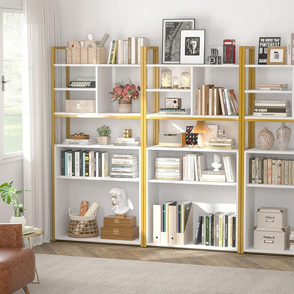 White Industrial Bookshelf, 6 Tier Tall Bookshelves Wood and Gold Metal Frame Standing Bookcase, Display Book Shelf with Adjustable Storage Shelves for Home Office, Living Room, Bed Room, White