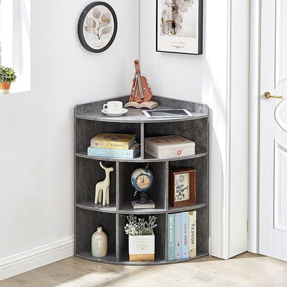 VECELO 3-Tier Corner Cabinet,Wooden Cube Storage Organizer with 8 Cubbies, Modern Bookshelf Units for Playroom, Bedroom, Living Room, Grey