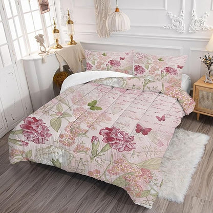 kxry Pink Flower Comforter Sets Butterfly Bedding Sets King Size Comforter Set for Girls Women Kids 1 Comforter + 2 Pillow Case