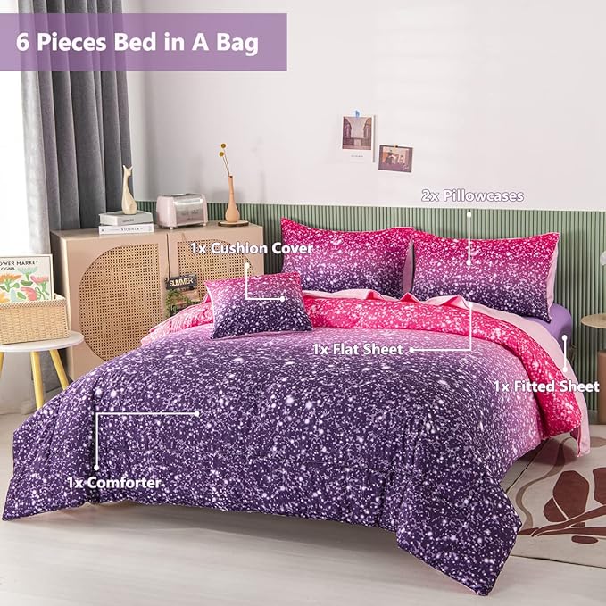 PERFEMET Purple Comforter Set Full Size - 6Pcs Colorful Rainbow Girls Bedding Set - Sparkly Pastel Ombre Bed in A Bag - (1 Comforter, 1 Flat Sheet, 1 Fitted Sheet, 2 Pillowcases, 1 Cushion Cover)