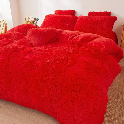 Fluffy Red comforters Cover twin size - Ultra Soft Plush red bedding Sets 2 Pieces (1 faux fur comforter Cover + 1 fuzzy pillow case) girls shaggy red twin bed set (Red, Twin)