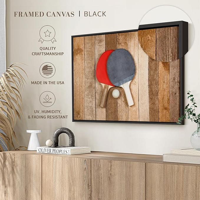ElephantStock Ping Pong Wall Art - Horizontal Framed Canvas - 1-Piece Living Room Wall Decor - Photography Canvas Print - Brown and Red Decor for Wall - 40" X 27"