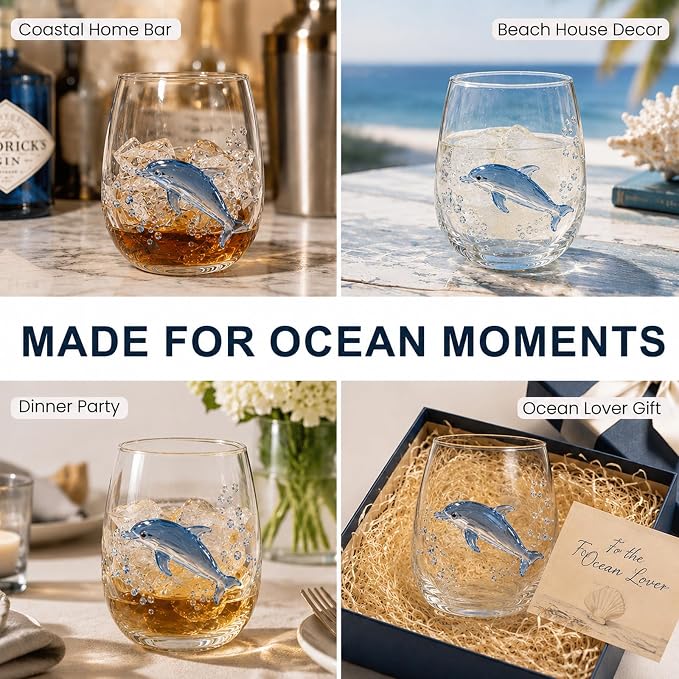 Coastal Stemless Wine Glasses Set of 4, 12oz 3D Ocean Animal Artisan Glassware Collection with Unique Sea Life Designs (C - Set of 1)