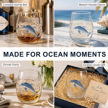 Coastal Stemless Wine Glasses Set of 4, 12oz 3D Ocean Animal Artisan Glassware Collection with Unique Sea Life Designs (C - Set of 1)