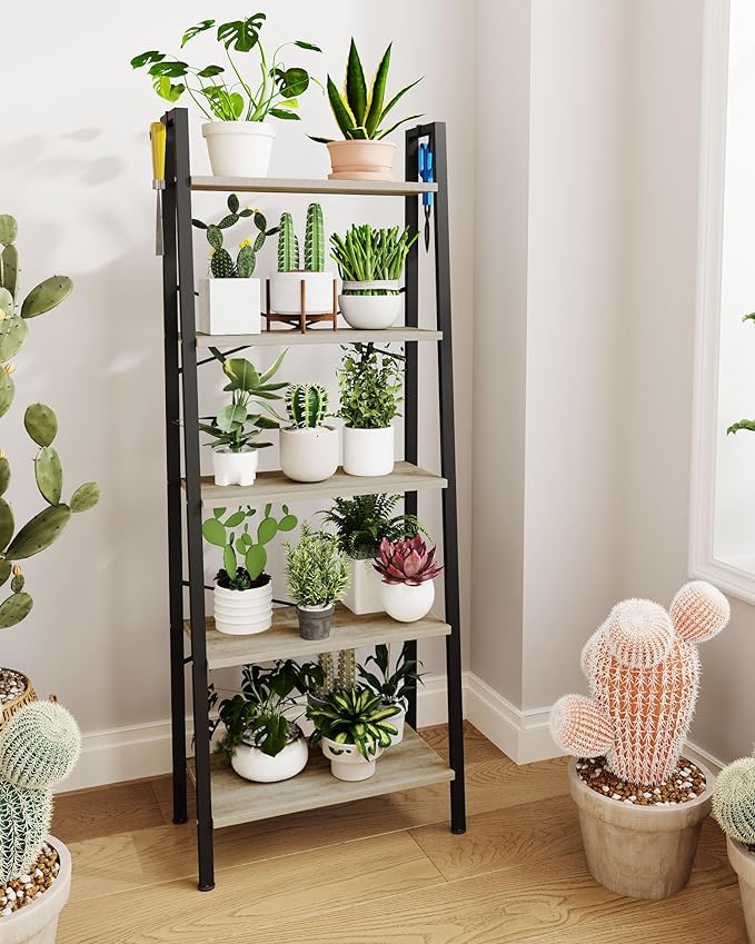 Ladder Shelf, Bookshelf Bookcase, Freestanding Corner Storage Shelve with 2 Hooks for Home Office, Living Room, Kitchen, Bedroom, Industrial, 5-Tier Greige BC19305B