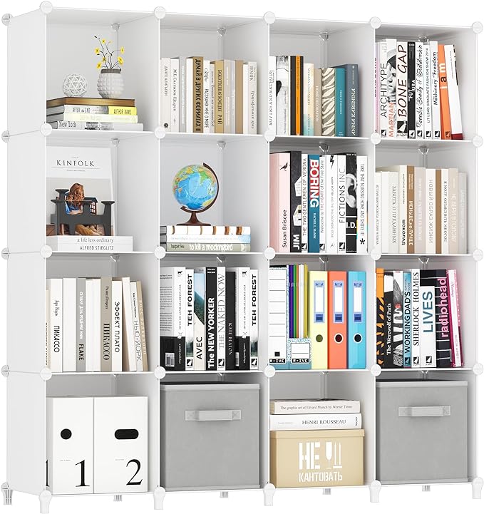 HOMIDEC Book Shelf 16 Cubes Bookcase Bookshelf Cube Storage Organizer Portable Display Bookshelf Kids Bookshelf Book Case for Study Room,Bedroom,Office,Living Room,Closet (47.2x11.8x47.2 inch)