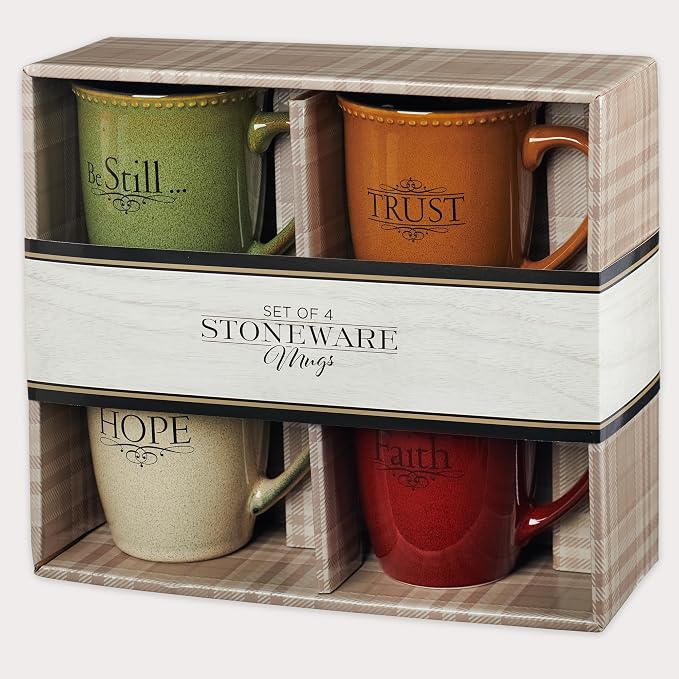 Christian Art Gifts Set of Four Rustic Stoneware Coffee/Tea Mugs w/Bible Verses Sage Green, Ivory, Paprika Red, Pumpkin Orange Inspirational Coffee/Tea Cup for Men and Women