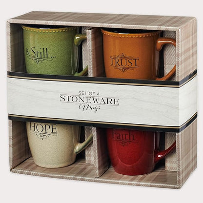 Christian Art Gifts Set of Four Rustic Stoneware Coffee/Tea Mugs w/Bible Verses Sage Green, Ivory, Paprika Red, Pumpkin Orange Inspirational Coffee/Tea Cup for Men and Women