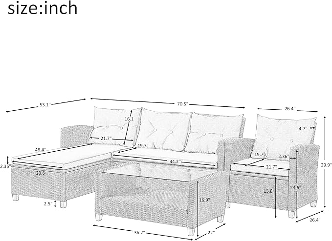 Outdoor Patio Furniture Sets, 4 Piece Rattan Conversation Sofa Wicker Sectional Couch with Chaise Lounge, Single Sofachair, Seat Cushions and Glass Table, for Garden Backyard Deck, Gray