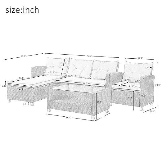 Patio Furniture Sets, 4 Pcs Outdoor Conversation Set All Weather Wicker Ratten Sectional Sofa with 2-Seater Sofá and lounge Couch&Chair, Coffee Table, Seat Cushions, fit for Yard Garden Porch