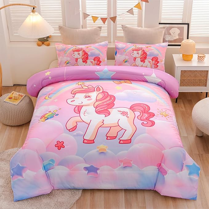 Aimuan Girls Unicorn Comforter Set 3 Pieces Pink Purple Bedding Set with Rainbow Star Galaxy Stars Fantasy Children Room Decor Soft Reversible Bed Sets for Boys/Girls/Teens (Pink Twin3Pcs)