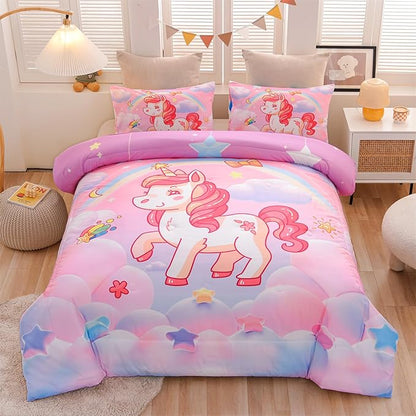 Aimuan Girls Unicorn Comforter Set 3 Pieces Pink Purple Bedding Set with Rainbow Star Galaxy Stars Fantasy Children Room Decor Soft Reversible Bed Sets for Boys/Girls/Teens (Pink Twin3Pcs)