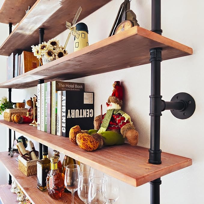 Industrial Ladder Shelf Bookcase, Wall Mounted Rustic Bookshelf, Retro Wood Metal Pipe Industrial Shelves for Living Room(Weathered Brown, 6 Tier - 10" D x 70" W x 82.5" H)