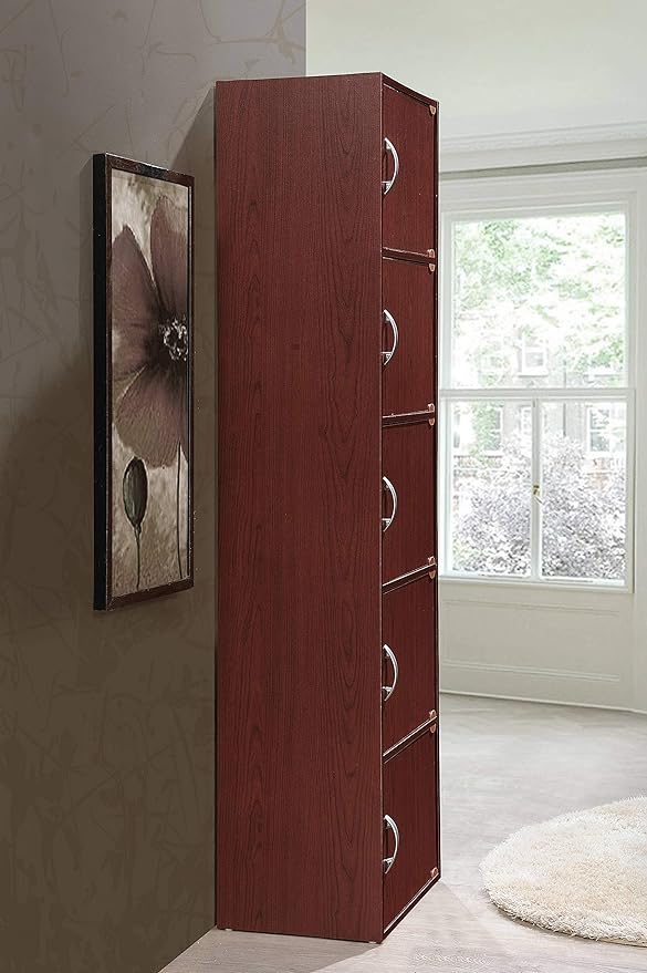 HODEDAH 5 Door Bookcase Cabinet, Mahogany