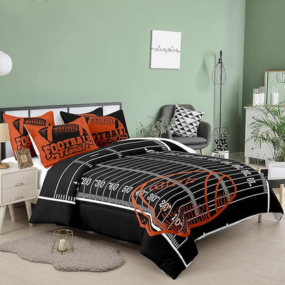 Tailor Shop Sports Football Comforter Set for Boys Kids Teens ，Football Bedding Sets Full Size Black Rugby Theme Bedding Set with 2 Comforter 2 Pillowcases