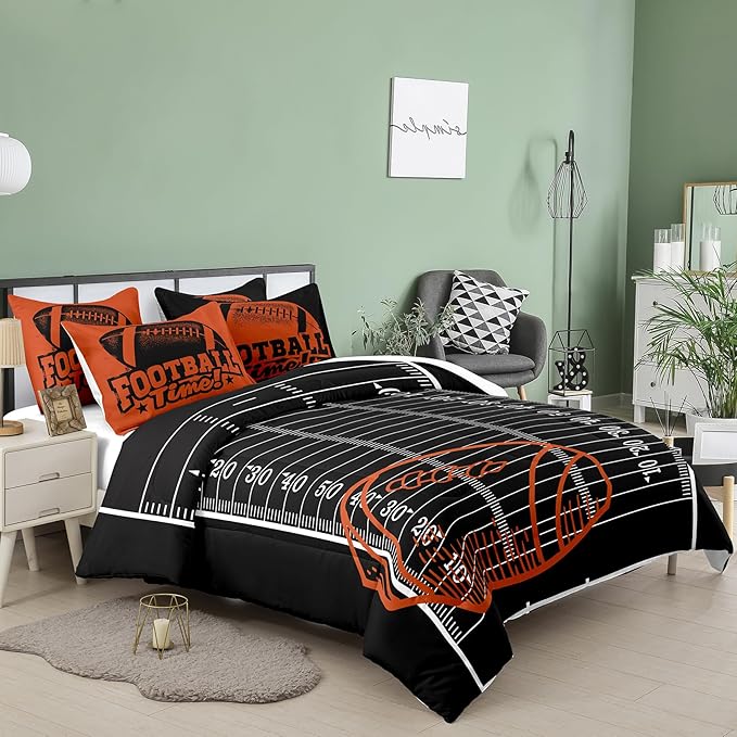 Tailor Shop Sports Football Comforter Set for Boys Kids Teens ，Football Bedding Sets King Size Black Rugby Theme Bedding Set with 2 Comforter 2 Pillowcases